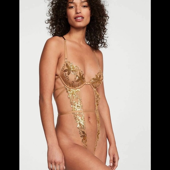 VS Gold Sequined Ziggy Glam Floral Embroidery Unlined Strappy Crotchless Teddy - Picture 1 of 5